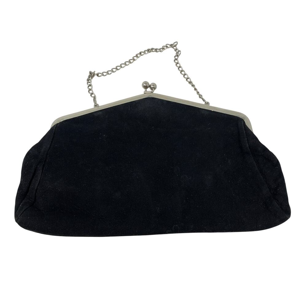 Vintage Black Faux Suede Evening Bag Kiss Lock Chain Handle Frame Clutch Purse